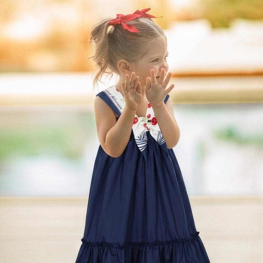Lapin House-Girls Navy Blue Cotton Dress with Silky Fruit Print Straps | Childrensalon