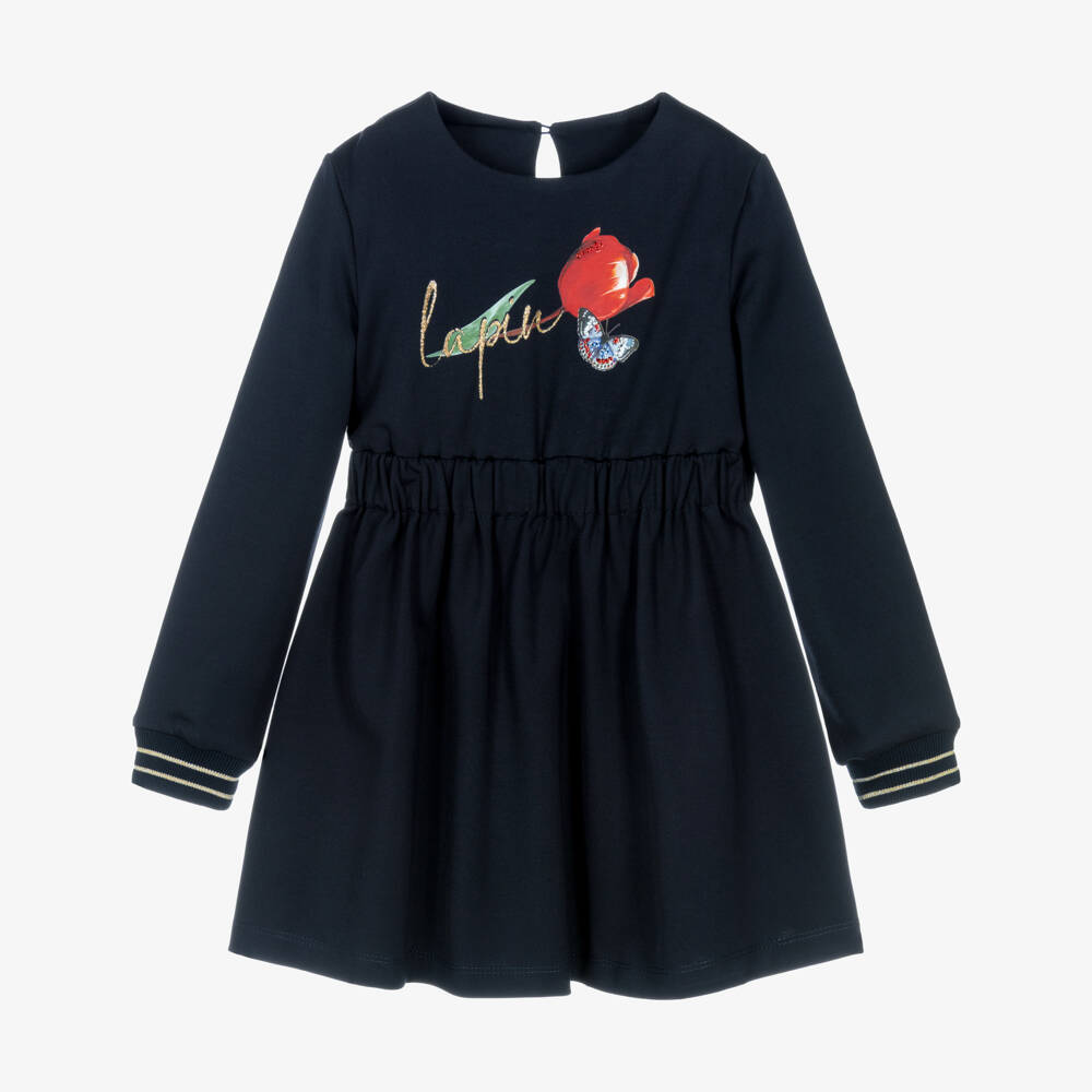Lapin House-Girls Navy Blue Jersey Dress with Glitter Logo | Childrensalon