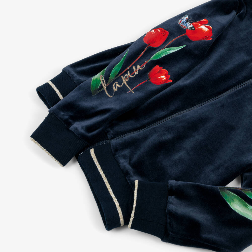 Lapin House-Girls Navy Blue Velour Tracksuit with Red Flower Print | Childrensalon