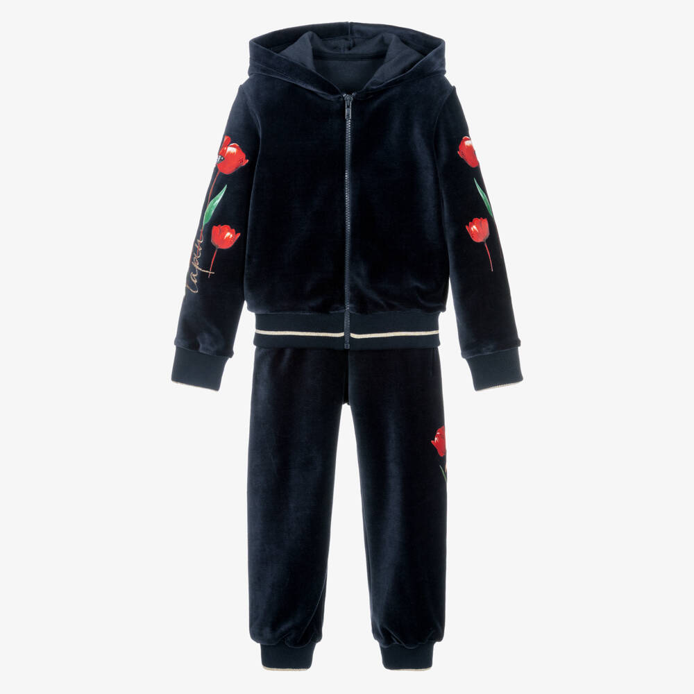 Lapin House-Girls Navy Blue Velour Tracksuit with Red Flower Print | Childrensalon