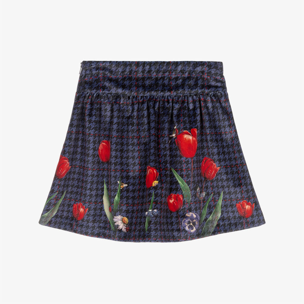Lapin House-Girls Navy Blue Velveteen Floral Print Skirt | Childrensalon