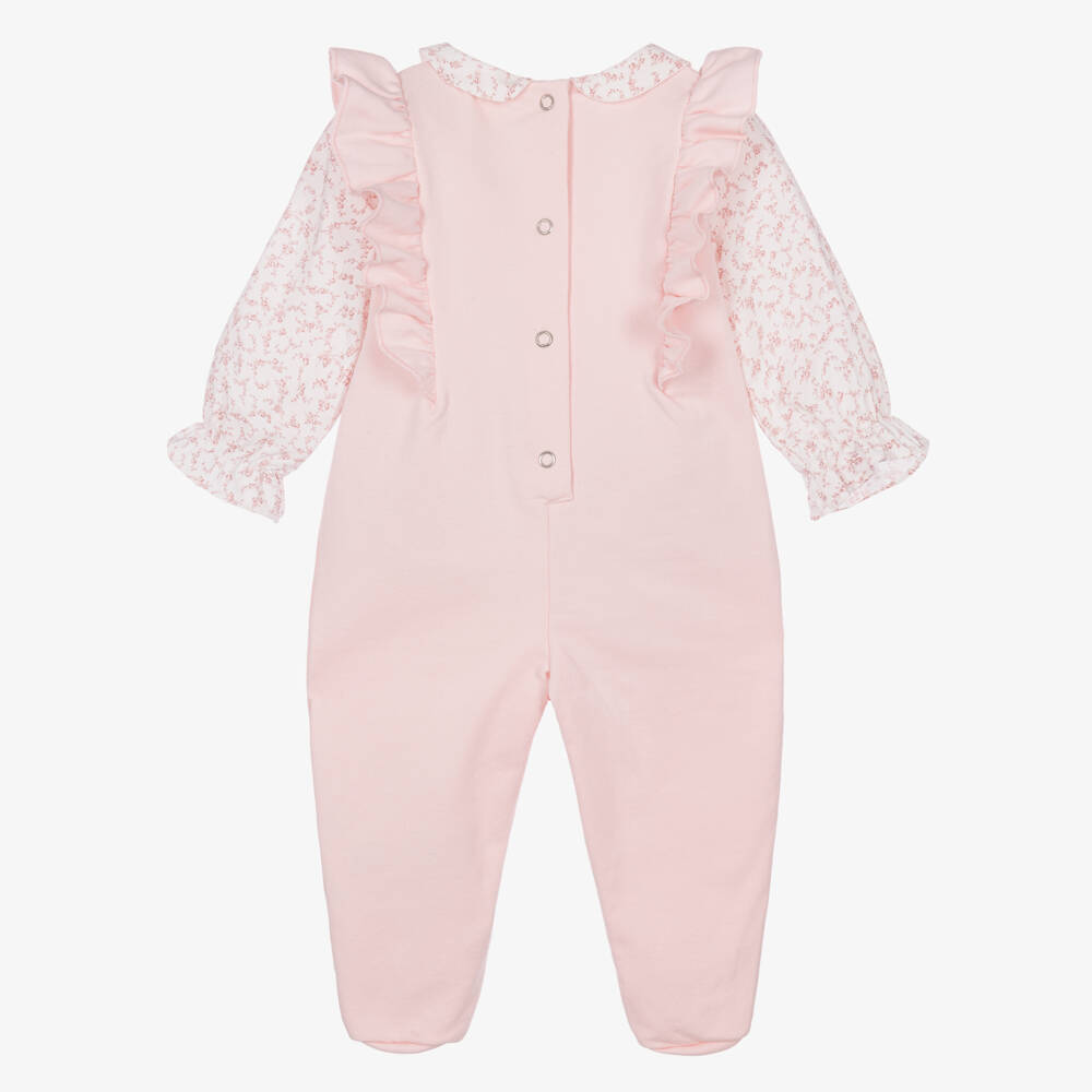 Lapin House-Girls Pale Pink Babygrow with Floral Sleeves | Childrensalon