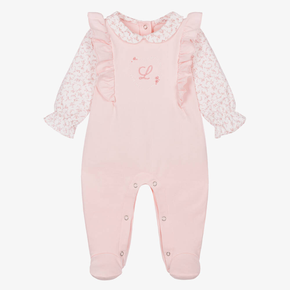 Lapin House-Girls Pale Pink Babygrow with Floral Sleeves | Childrensalon