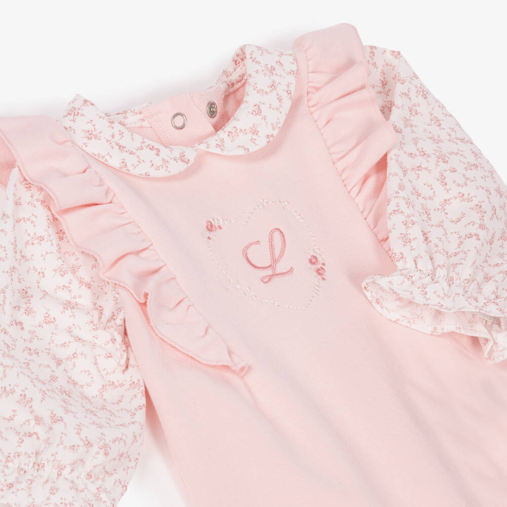 Lapin House-Girls Pale Pink Babygrow with Floral Sleeves | Childrensalon