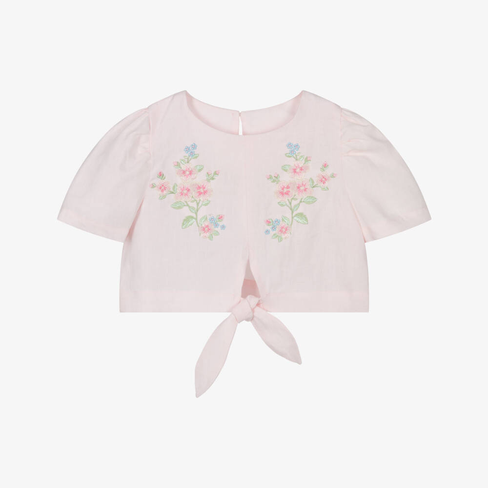 Lapin House-Girls Pale Pink Floral Embroidered Linen Blouse | Childrensalon