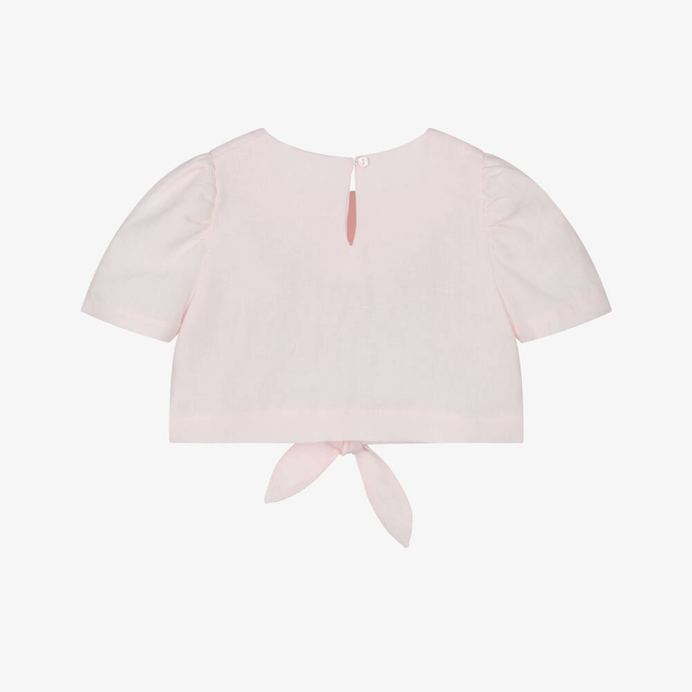 Lapin House-Girls Pale Pink Floral Embroidered Linen Blouse | Childrensalon