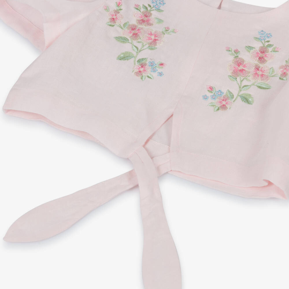 Lapin House-Girls Pale Pink Floral Embroidered Linen Blouse | Childrensalon