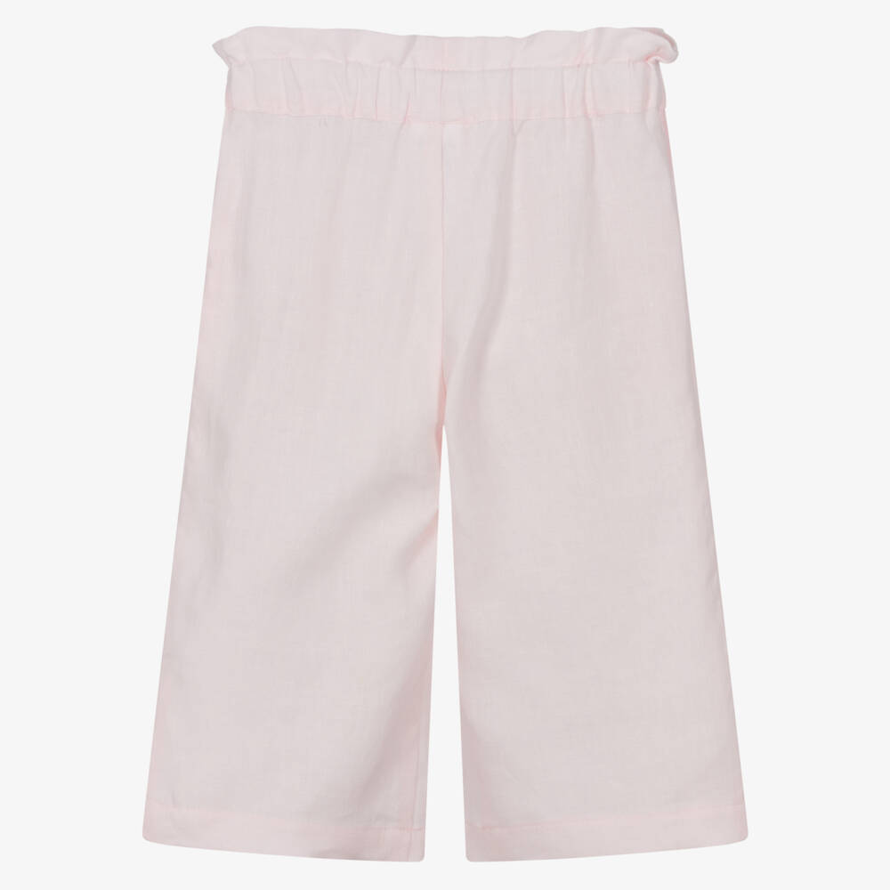 Lapin House-Girls Pale Pink Floral Embroidered Linen Trousers | Childrensalon