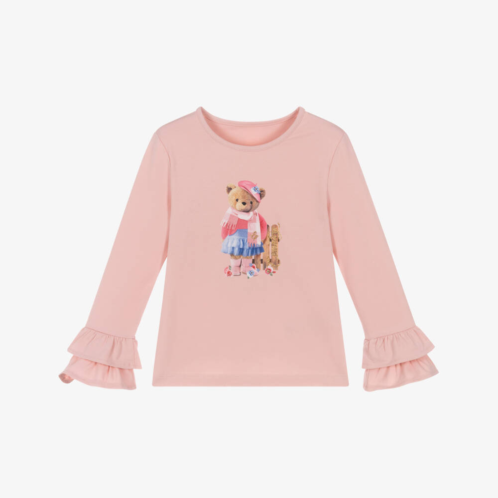 Lapin House-Girls Pale Pink Teddy Bear Print Top | Childrensalon