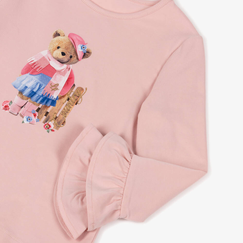 Lapin House-Girls Pale Pink Teddy Bear Print Top | Childrensalon