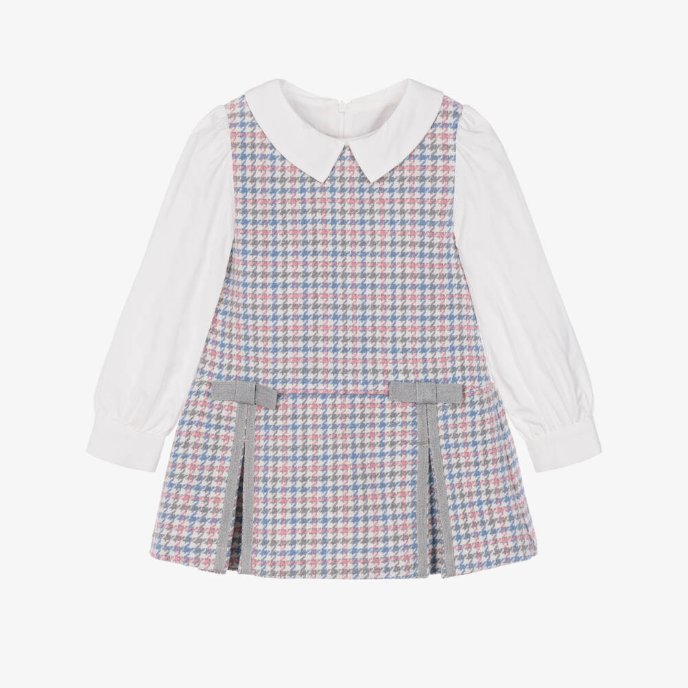 Lapin House-Girls Pink, Blue & Grey Houndstooth Dress | Childrensalon