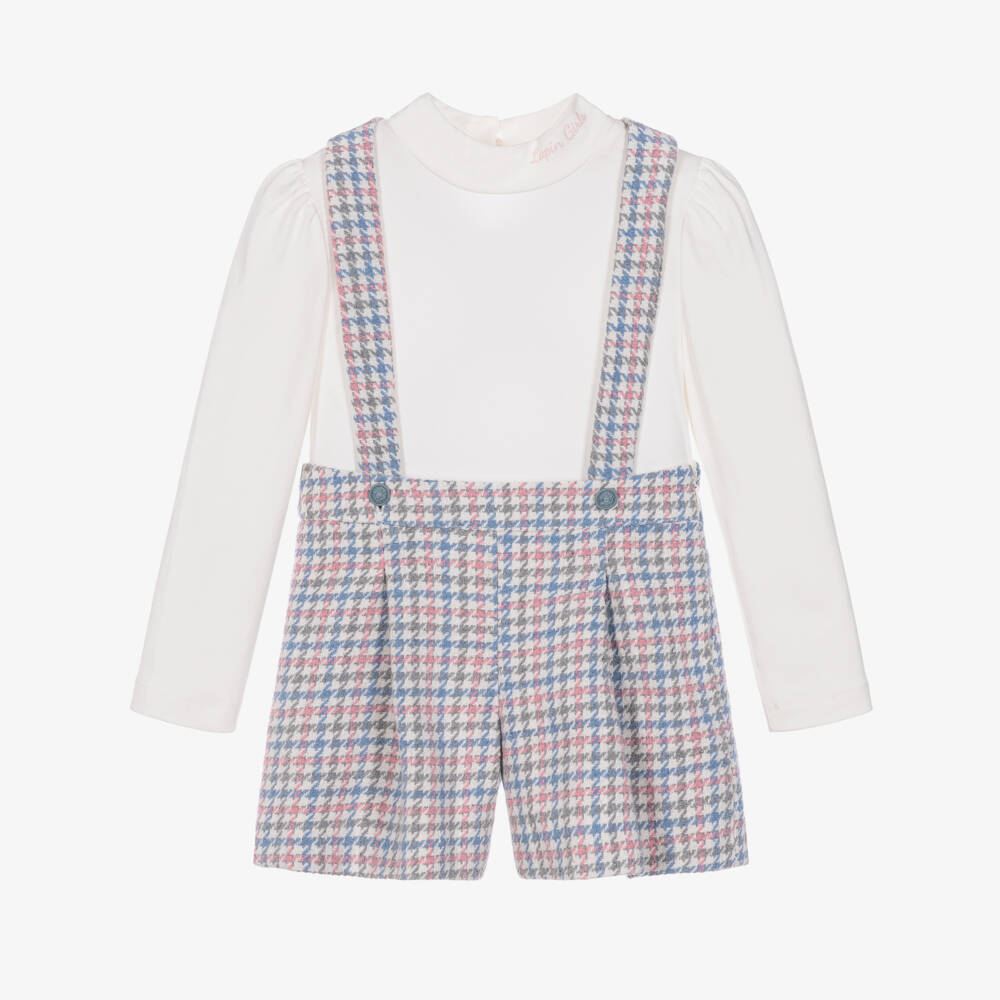 Lapin House-Girls Pink, Blue & Grey Houndstooth Shorts Set | Childrensalon