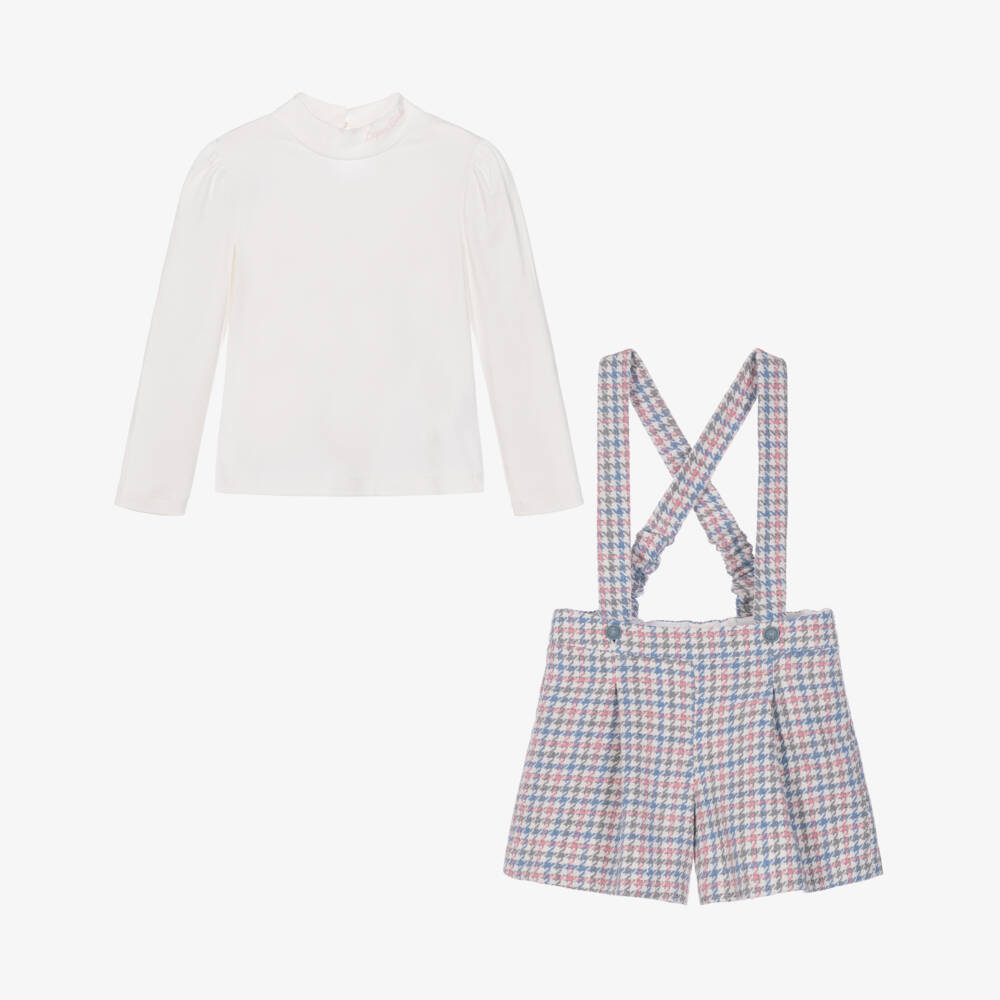 Lapin House-Girls Pink, Blue & Grey Houndstooth Shorts Set | Childrensalon