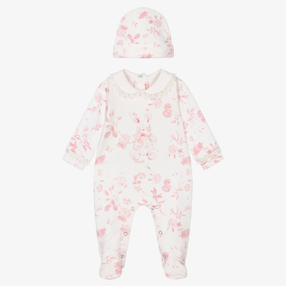 Lapin House-Girls Pink Bunny & Floral Print Babygrow & Hat Set | Childrensalon