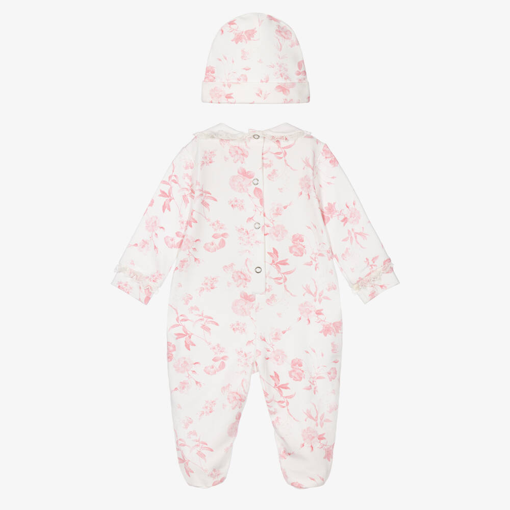 Lapin House-Girls Pink Bunny & Floral Print Babygrow & Hat Set | Childrensalon