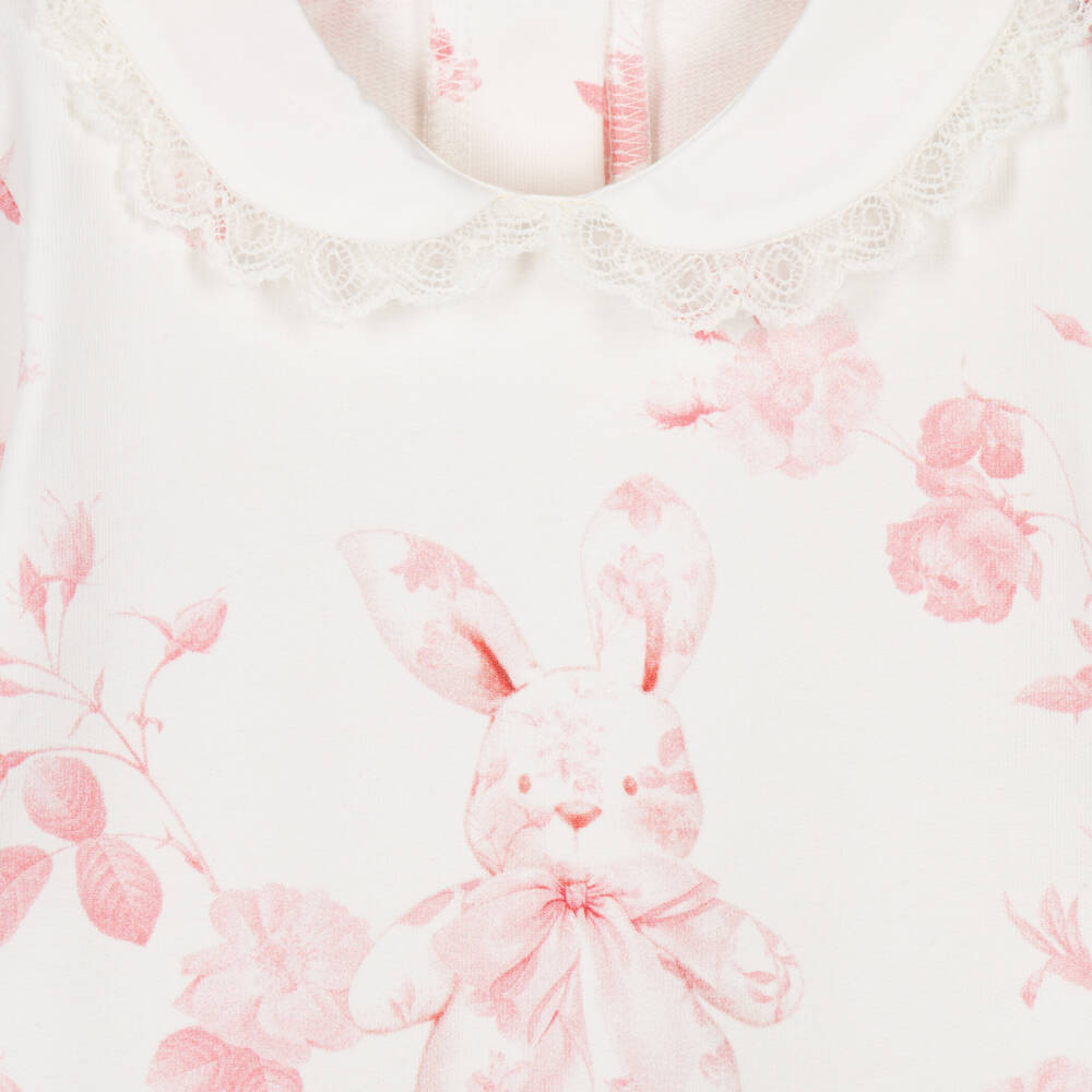 Lapin House-Girls Pink Bunny & Floral Print Babygrow & Hat Set | Childrensalon