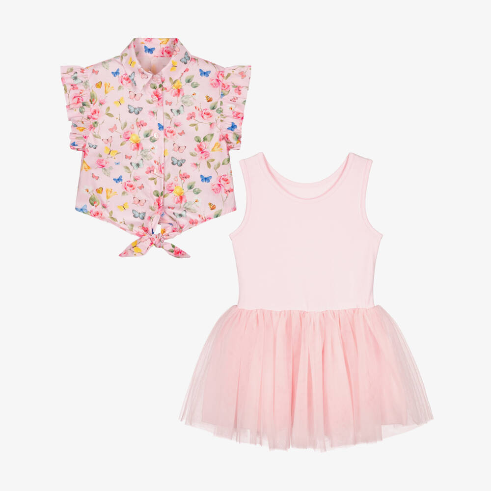Lapin House-Girls Pink Cotton Blouse & Dress Set with Tulle Overlay | Childrensalon