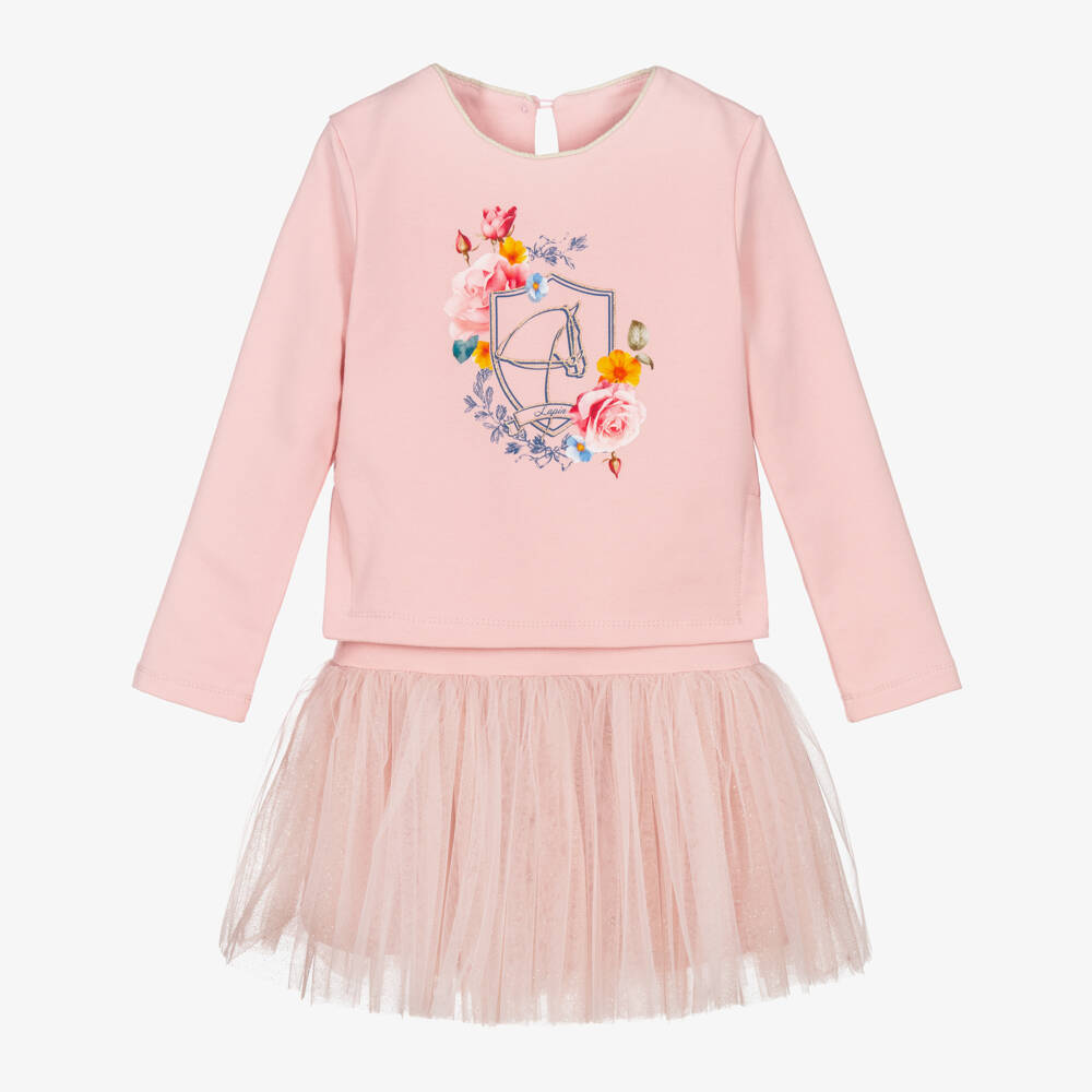 Lapin House-Girls Pink Cotton Jersey & Tulle Dress Set  | Childrensalon
