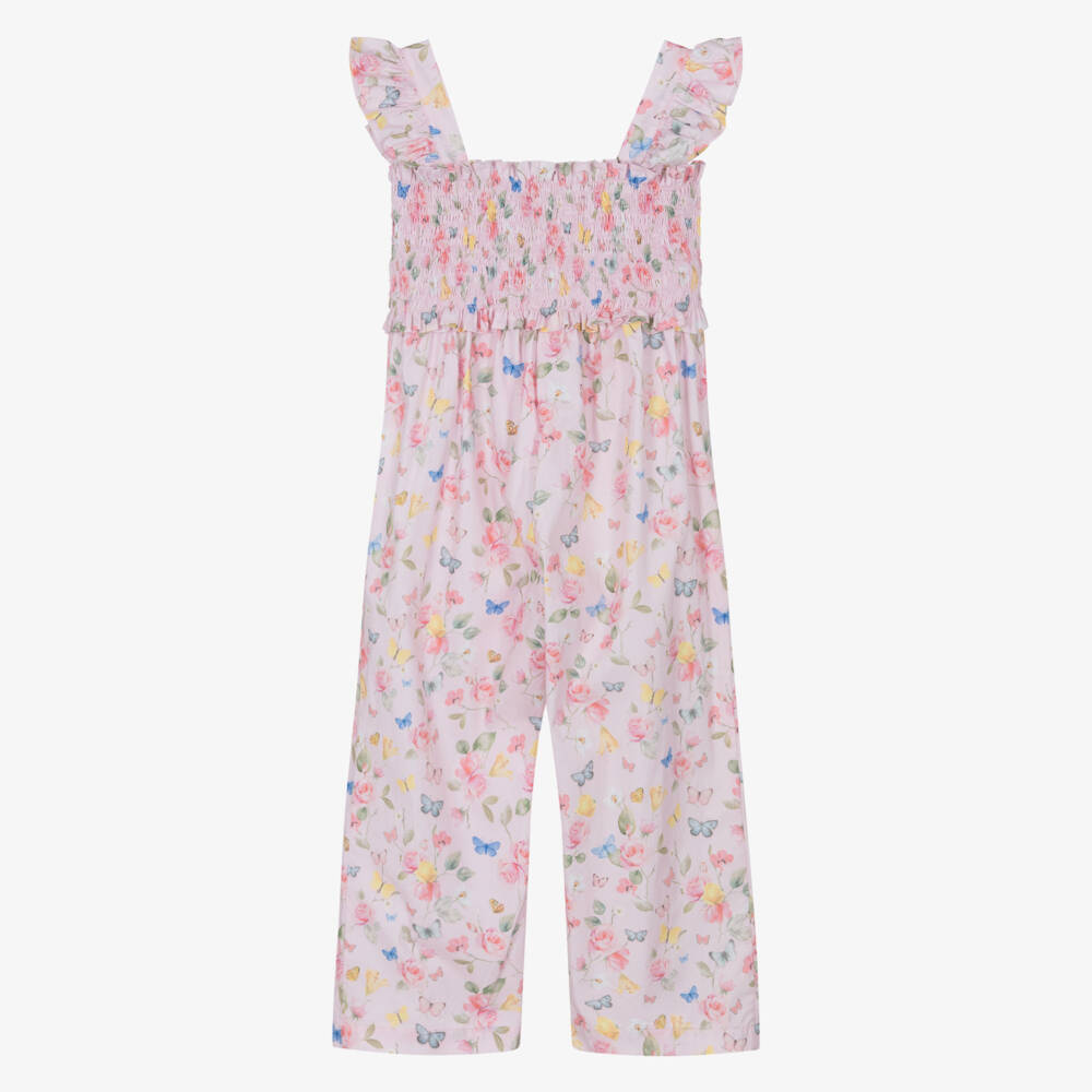 Lapin House-Girls Pink Cotton Jumpsuit with Butterfly Floral Print | Childrensalon