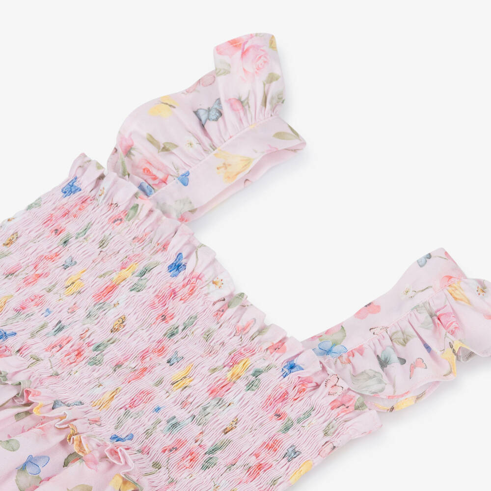 Lapin House-Girls Pink Cotton Jumpsuit with Butterfly Floral Print | Childrensalon