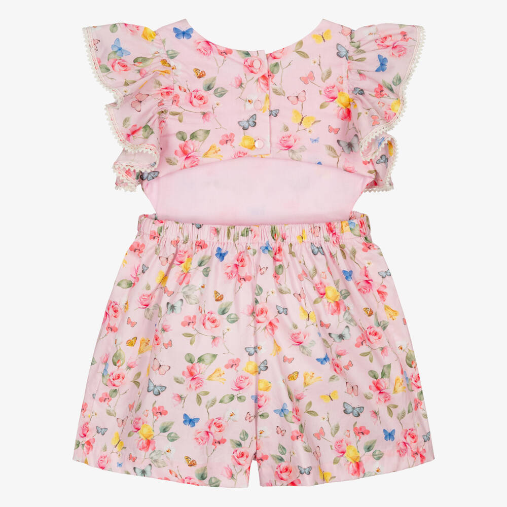Lapin House-Girls Pink Cotton Open Back Playsuit with Butterflies & Flowers | Childrensalon