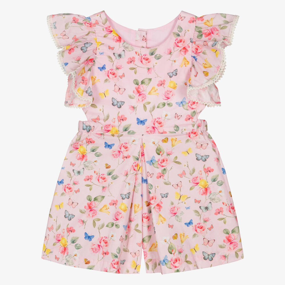 Lapin House-Girls Pink Cotton Open Back Playsuit with Butterflies & Flowers | Childrensalon
