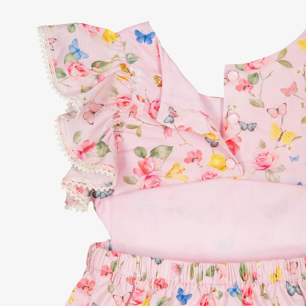 Lapin House-Girls Pink Cotton Open Back Playsuit with Butterflies & Flowers | Childrensalon