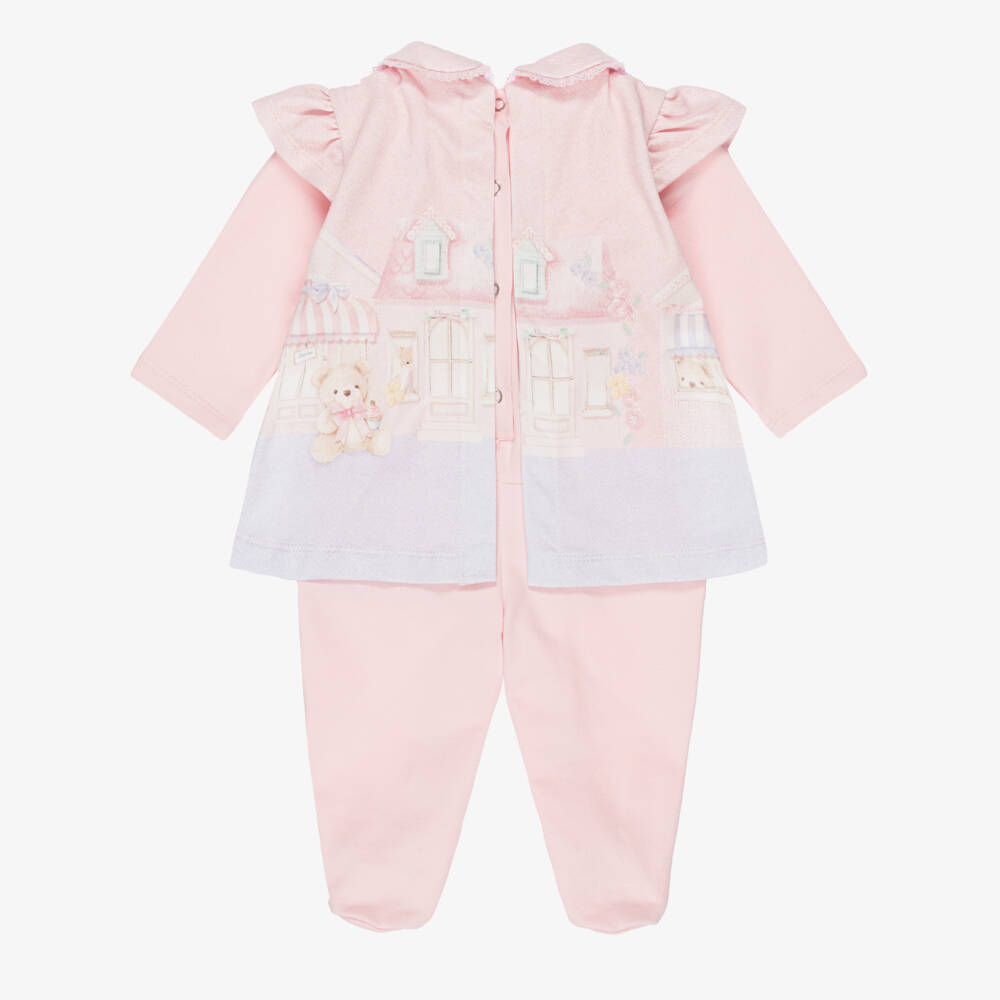 Lapin House-Girls Pink Cotton Teddy Illustration Babygrow  | Childrensalon