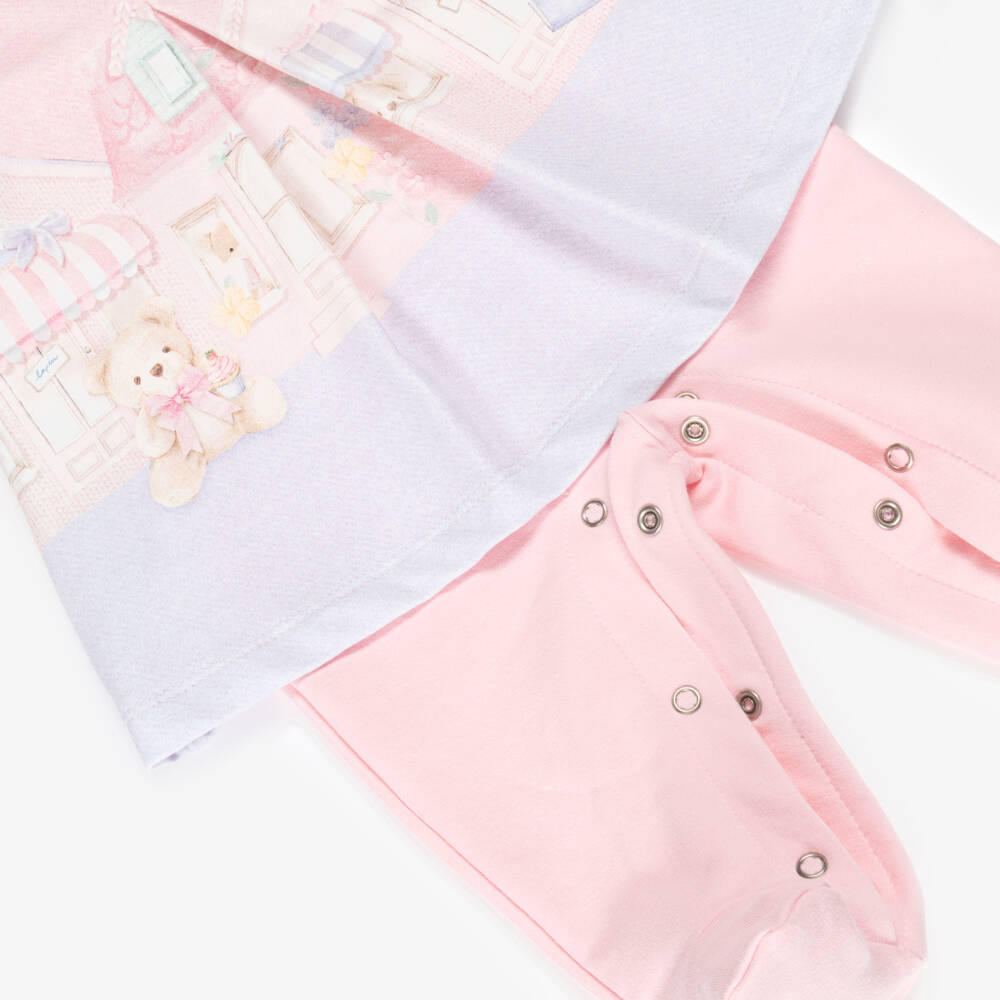 Lapin House-Girls Pink Cotton Teddy Illustration Babygrow  | Childrensalon