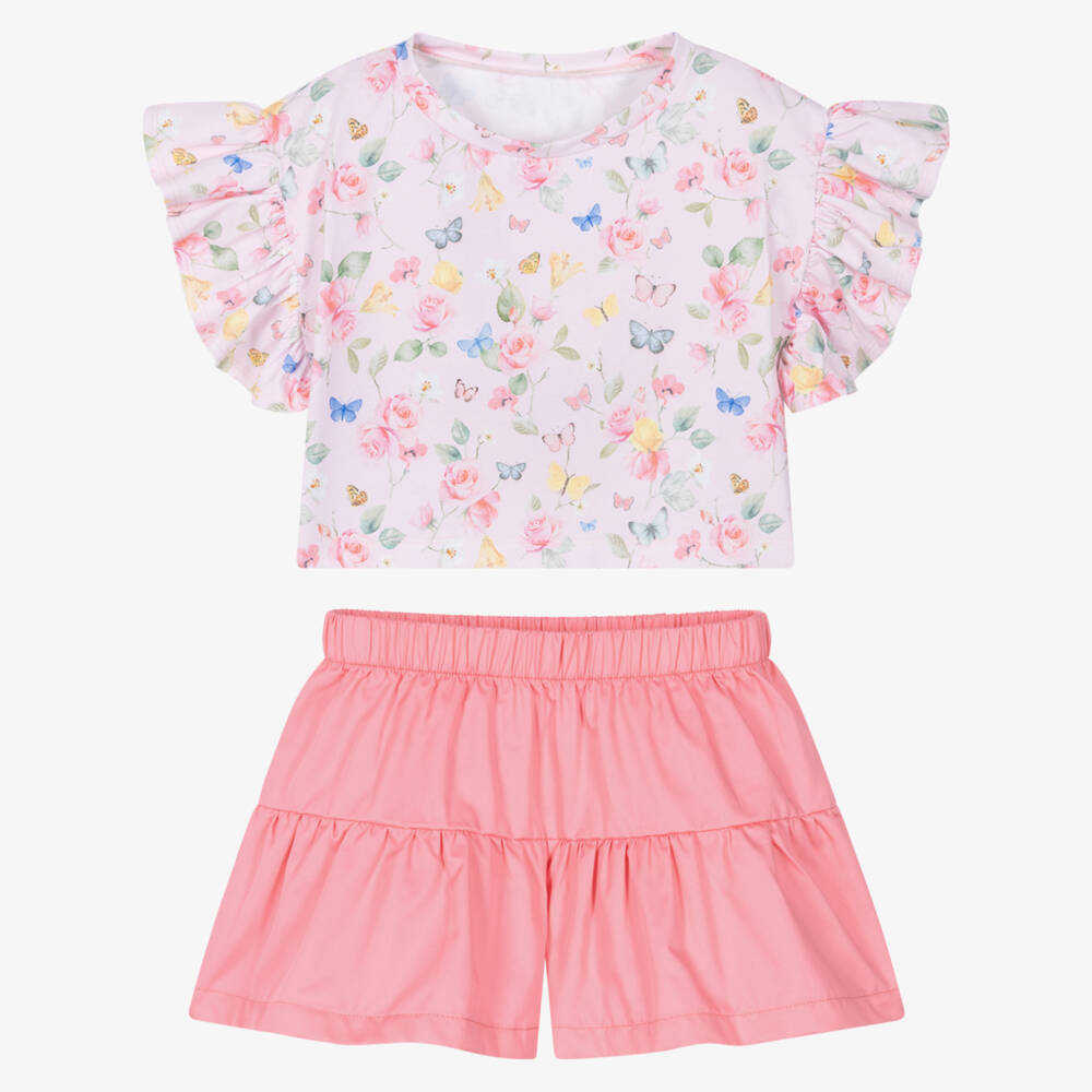 Lapin House-Girls Pink Floral & Butterfly Print Shorts Set | Childrensalon