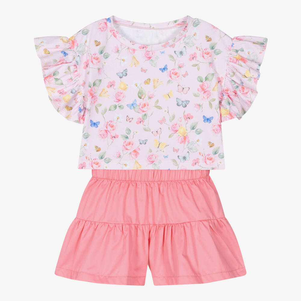 Lapin House-Girls Pink Floral & Butterfly Print Shorts Set  | Childrensalon