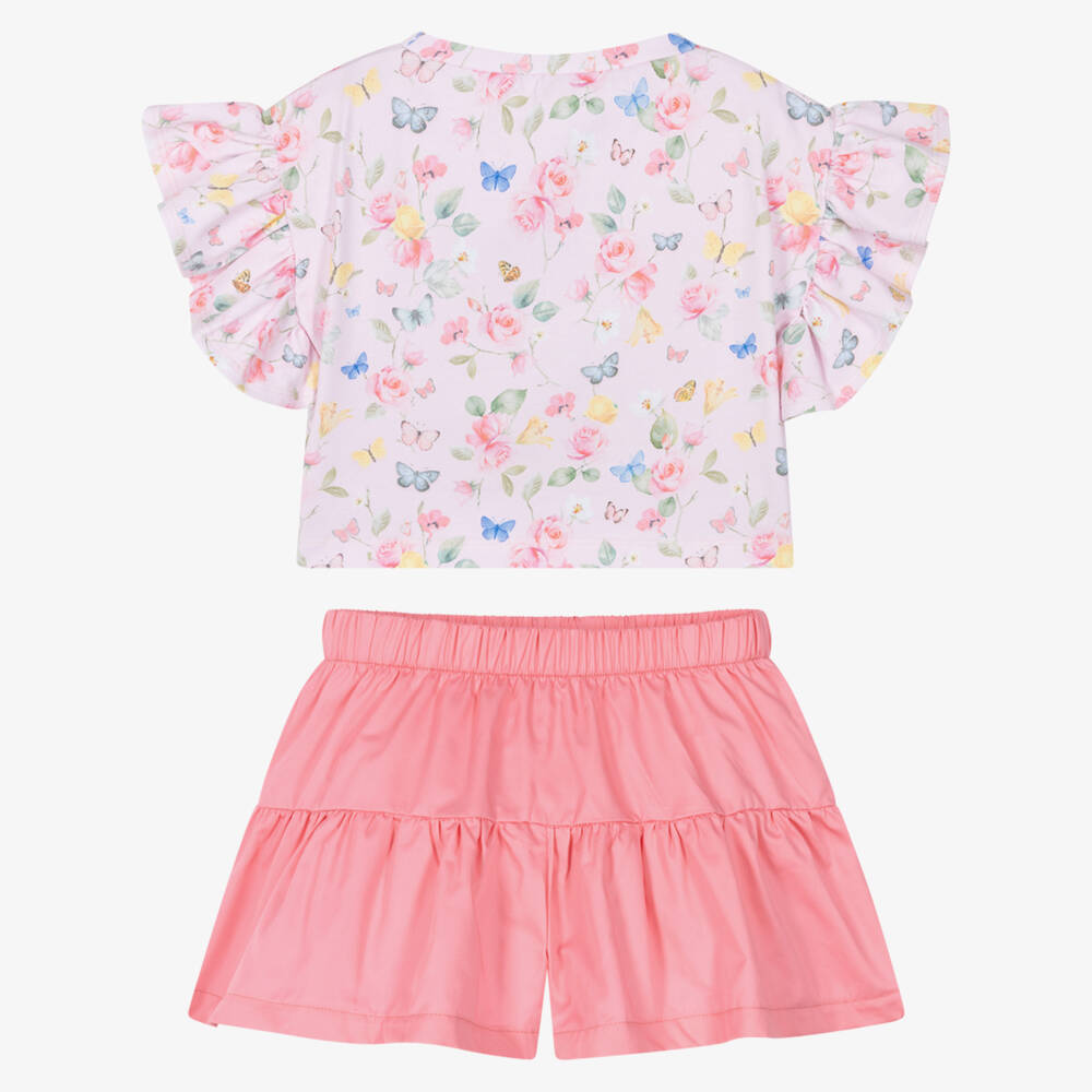 Lapin House-Girls Pink Floral & Butterfly Print Shorts Set | Childrensalon