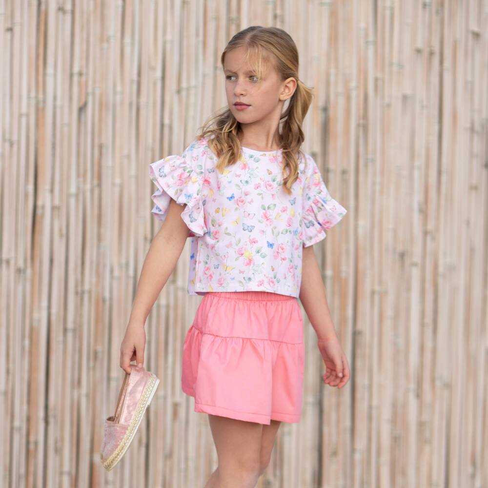 Lapin House-Girls Pink Floral & Butterfly Print Shorts Set | Childrensalon