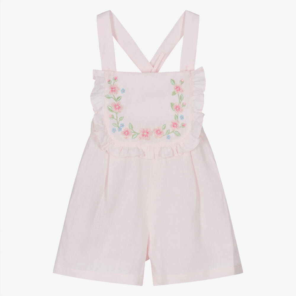 Lapin House-Girls Pink Floral Embroidered Linen Playsuit | Childrensalon