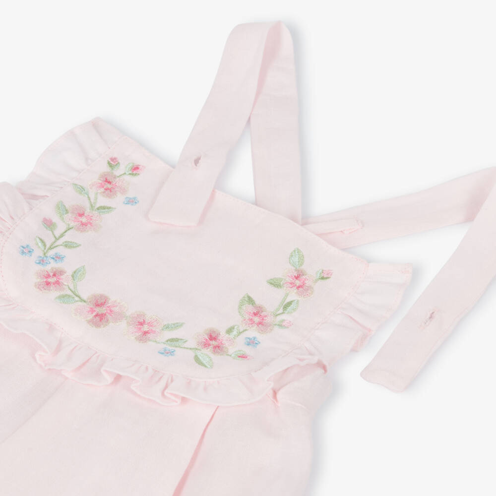 Lapin House-Girls Pink Floral Embroidered Linen Playsuit | Childrensalon