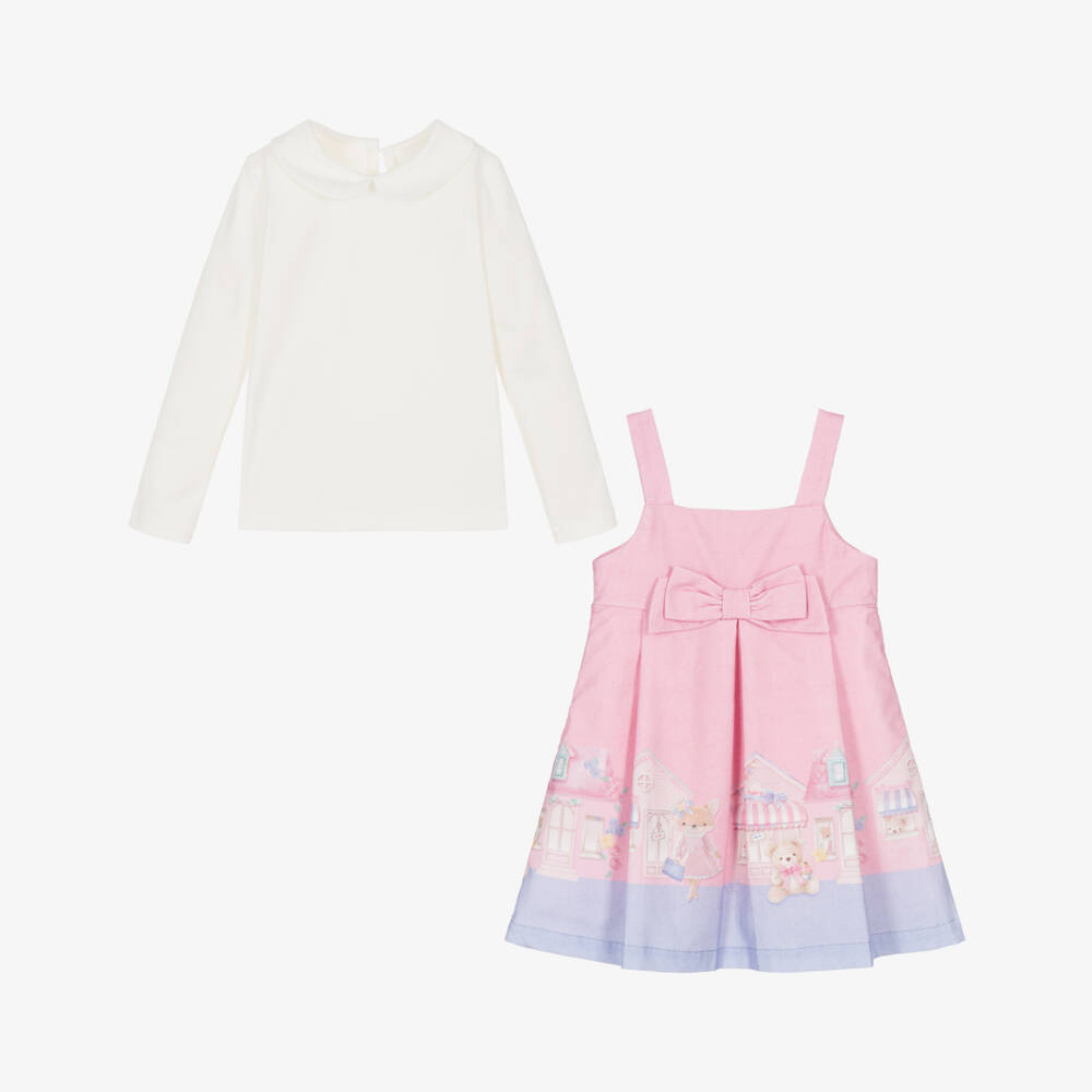 Lapin House-Girls Pink & Ivory Cotton Pinafore Dress Set | Childrensalon