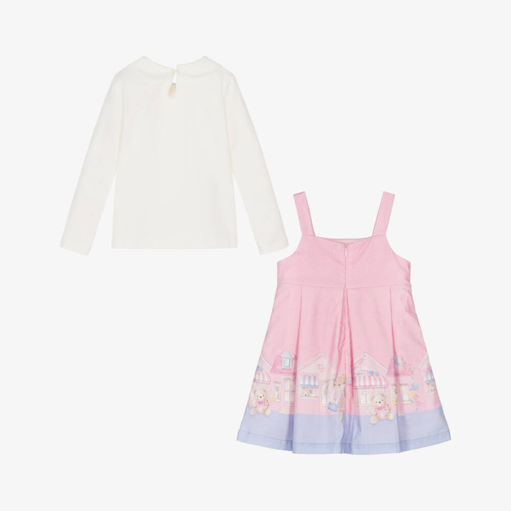 Lapin House-Girls Pink & Ivory Cotton Pinafore Dress Set | Childrensalon