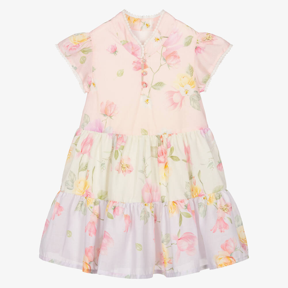 Lapin House-Girls Pink & Ivory Floral Dress with Lace Trim | Childrensalon