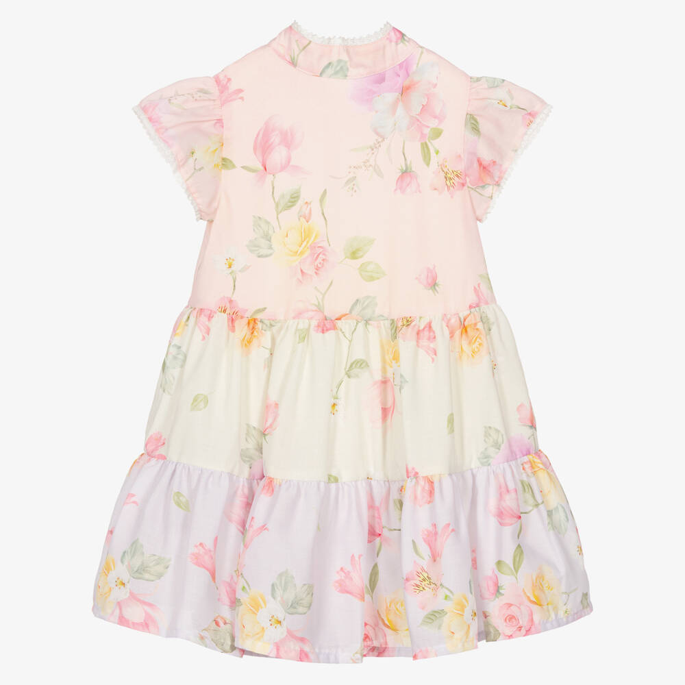 Lapin House-Girls Pink & Ivory Floral Dress with Lace Trim | Childrensalon