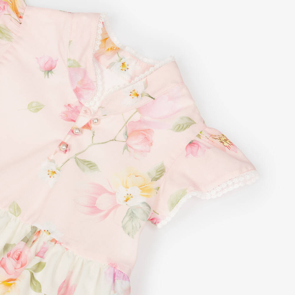 Lapin House-Girls Pink & Ivory Floral Dress with Lace Trim | Childrensalon