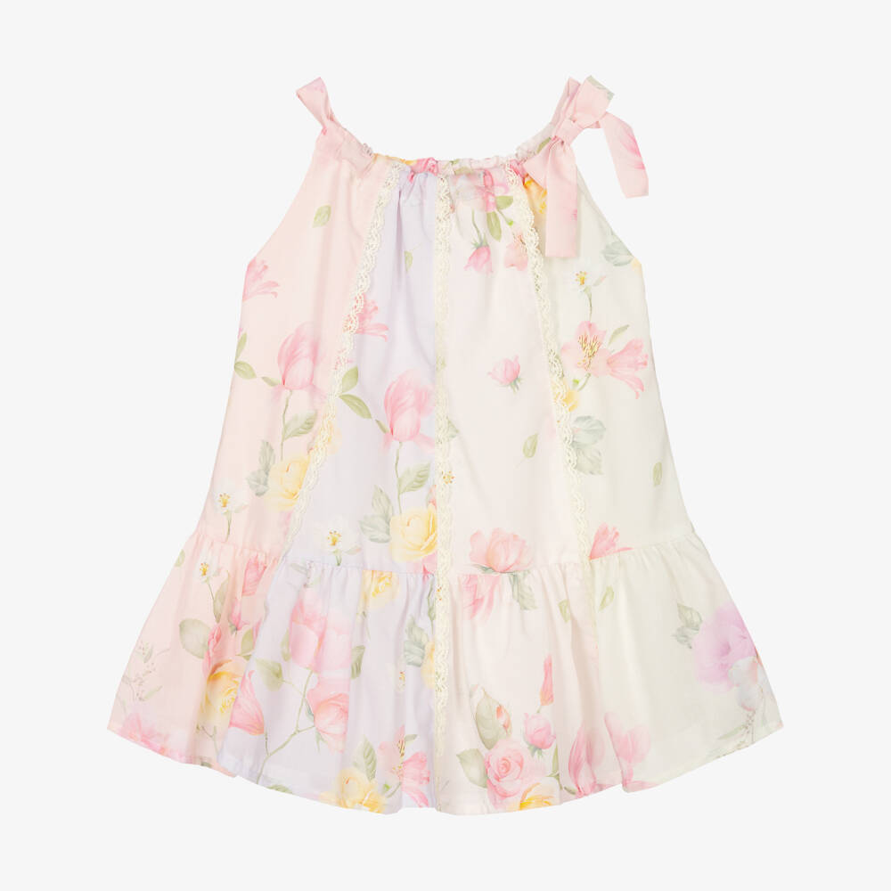 Lapin House-Girls Pink & Ivory Sleeveless Floral Dress with Lace Trim | Childrensalon