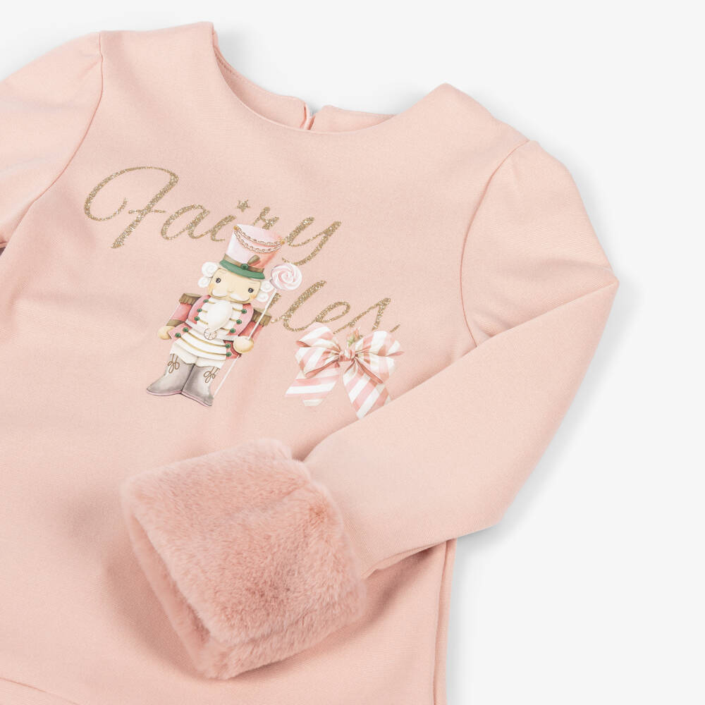Lapin House-Girls Pink Jersey Dress with Faux Fur Cuffs | Childrensalon