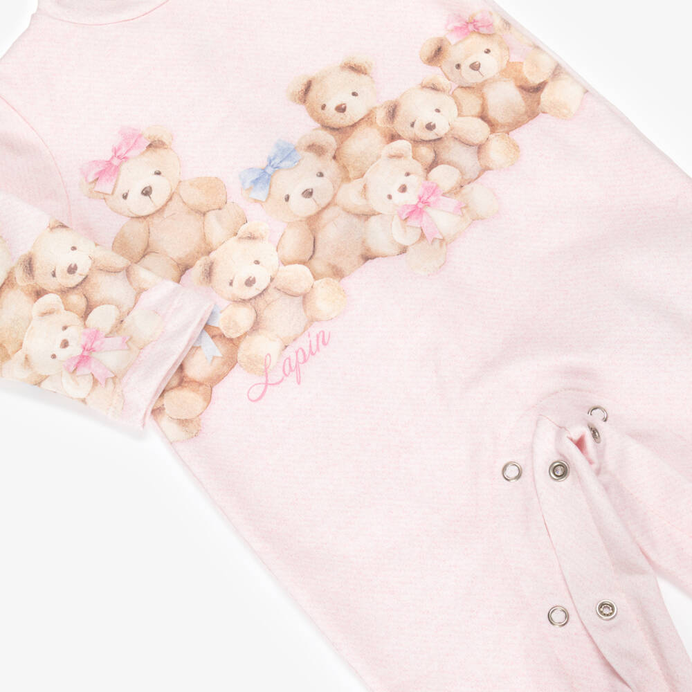 Lapin House-Girls Pink Teddy Bear Cotton Jersey Babygrow | Childrensalon