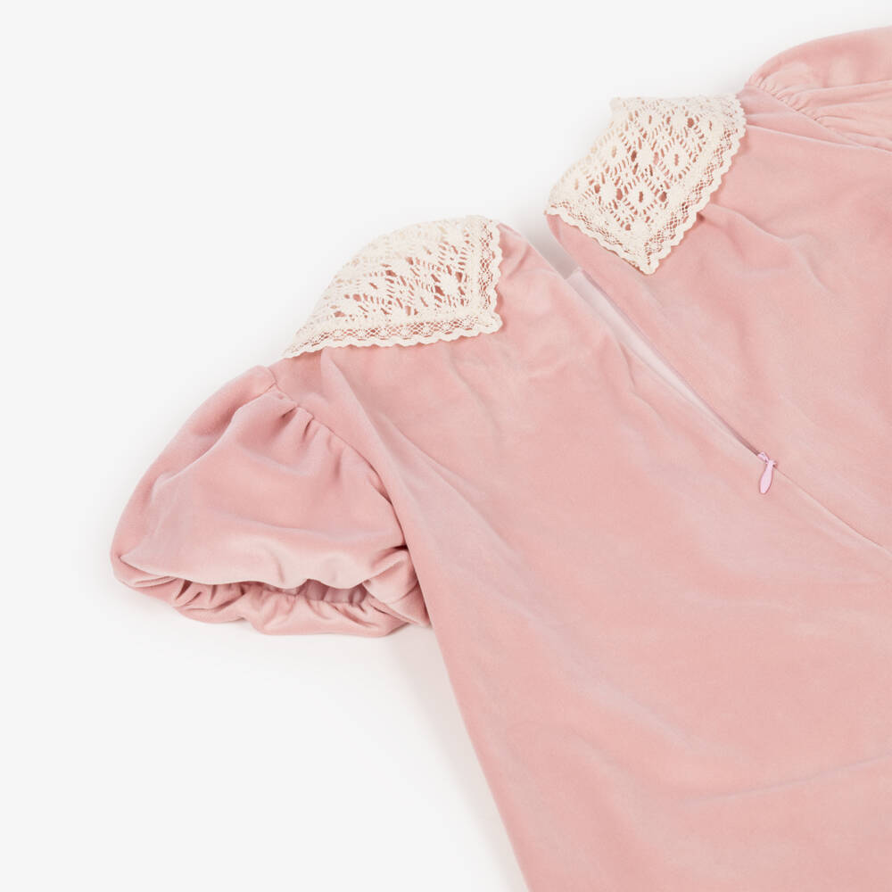 Lapin House-Girls Pink Velour Dress with Lace Collar | Childrensalon