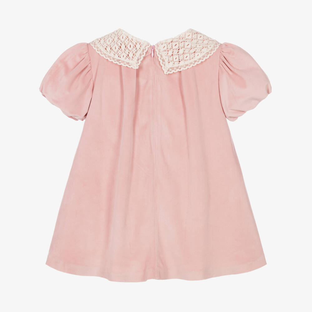 Lapin House-Girls Pink Velour Dress with Lace Collar | Childrensalon