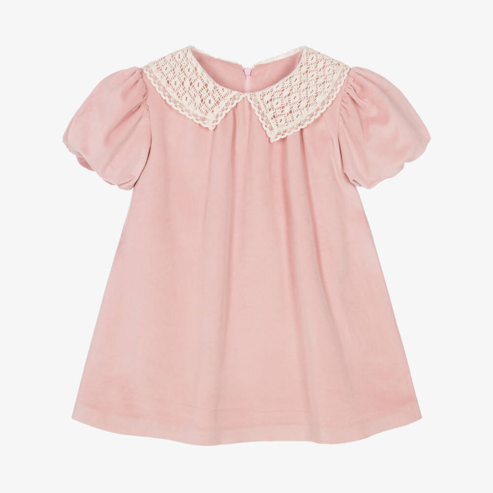 Lapin House-Girls Pink Velour Dress with Lace Collar | Childrensalon