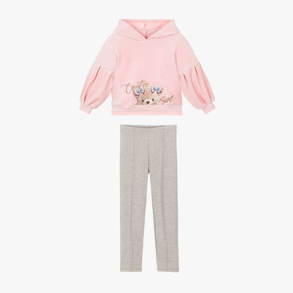 Lapin House-Girls Pink Velour Hoodie & Beige Milano Trouser Set | Childrensalon