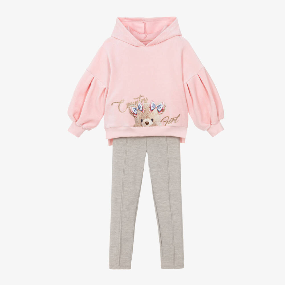 Lapin House-Girls Pink Velour Hoodie & Beige Milano Trouser Set | Childrensalon