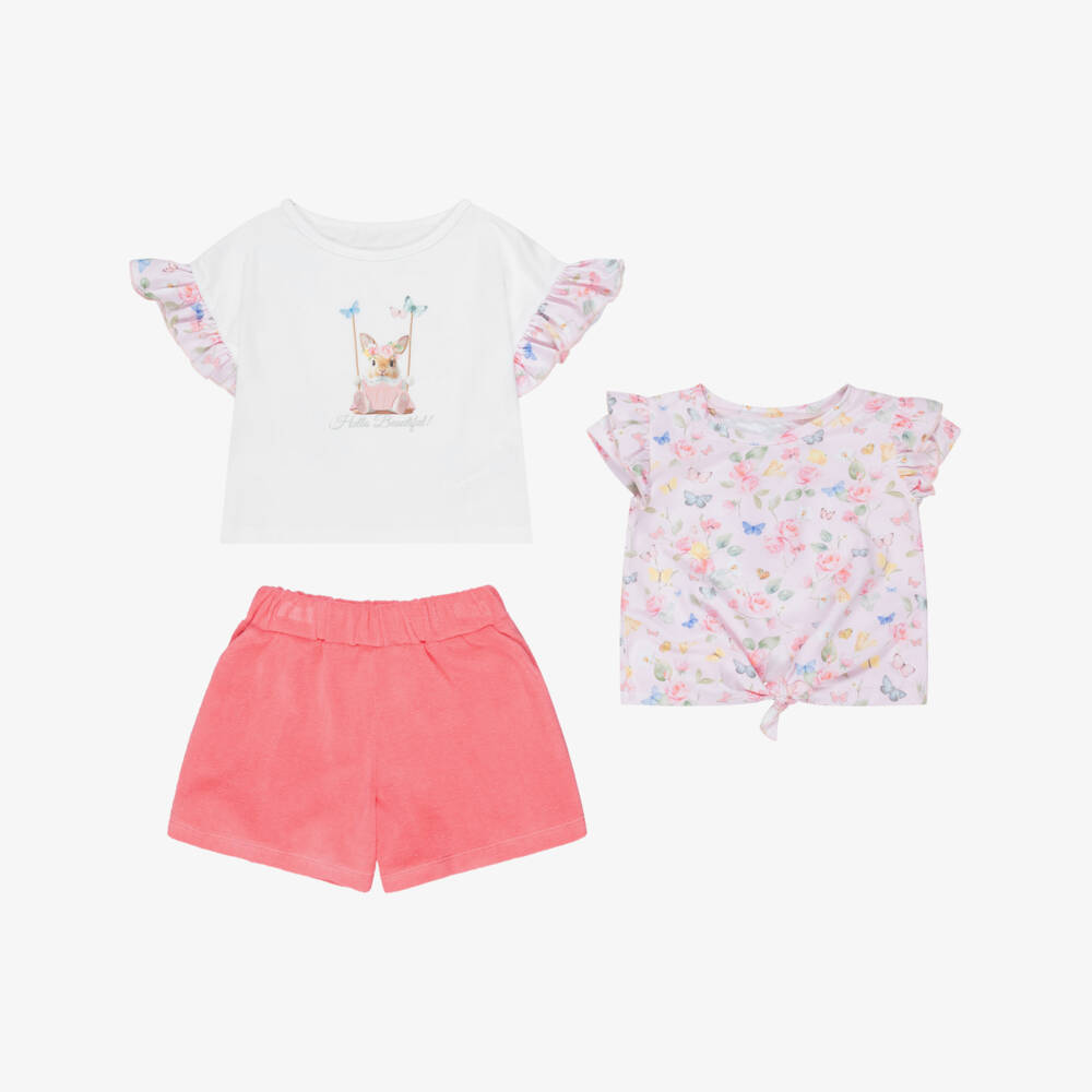 Lapin House-Girls Pink & White T-Shirts & Towelling Shorts Set | Childrensalon