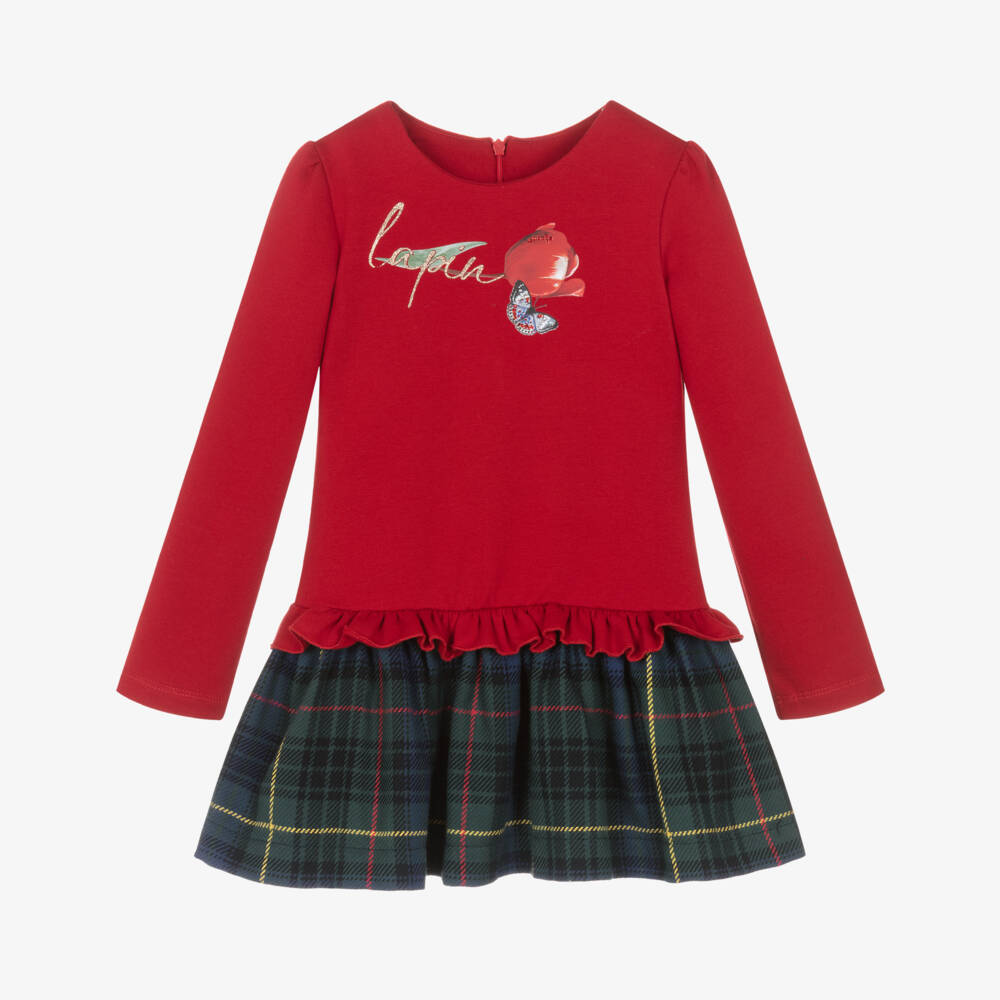 Lapin House-Girls Red Jersey & Green Tartan Dress | Childrensalon